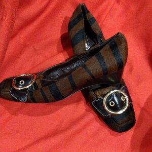 Coach Brown and Black Striped Flats with Gold Buckle